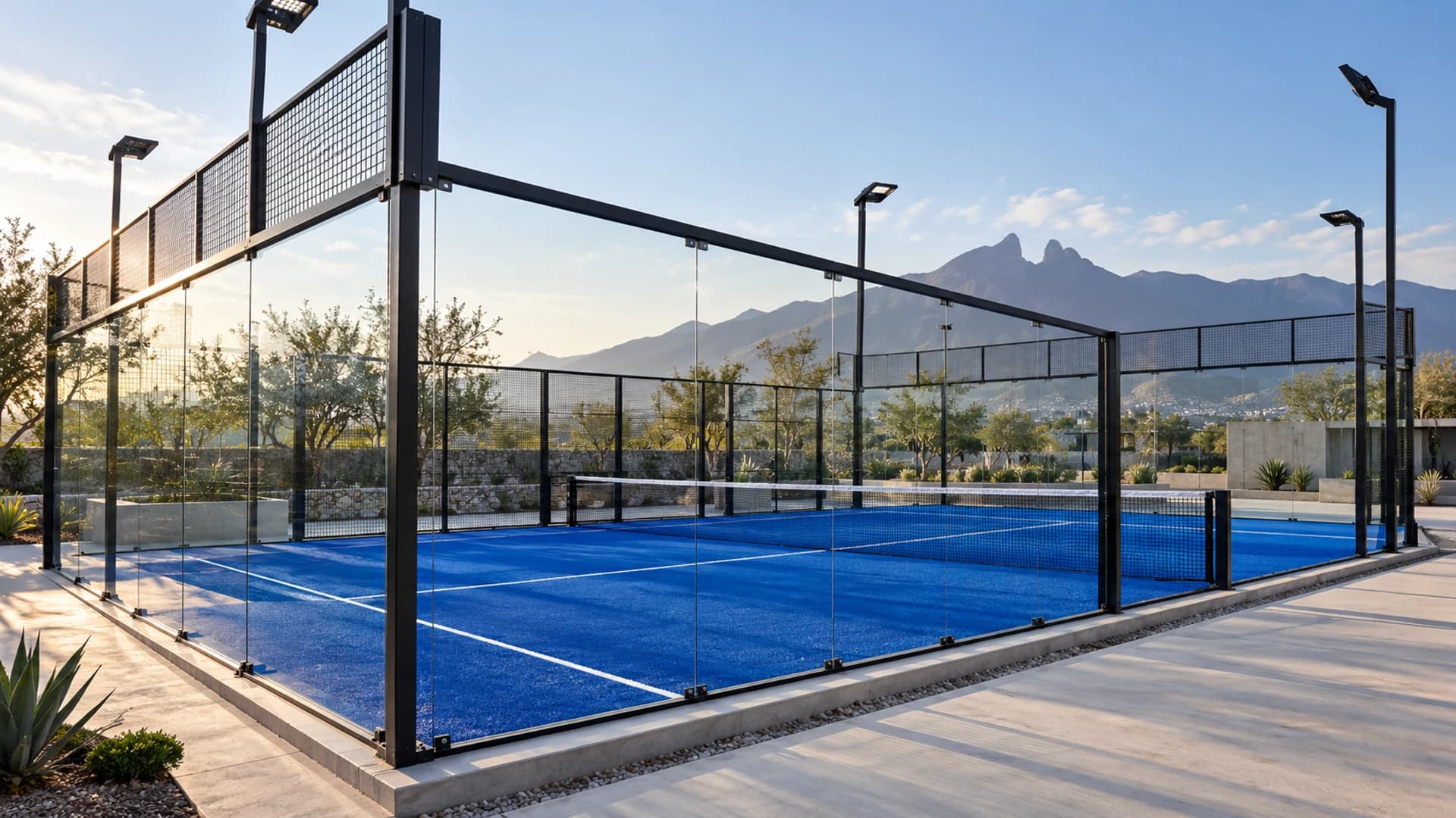Visual de referencia de una cancha de pádel con pasto sintético azul